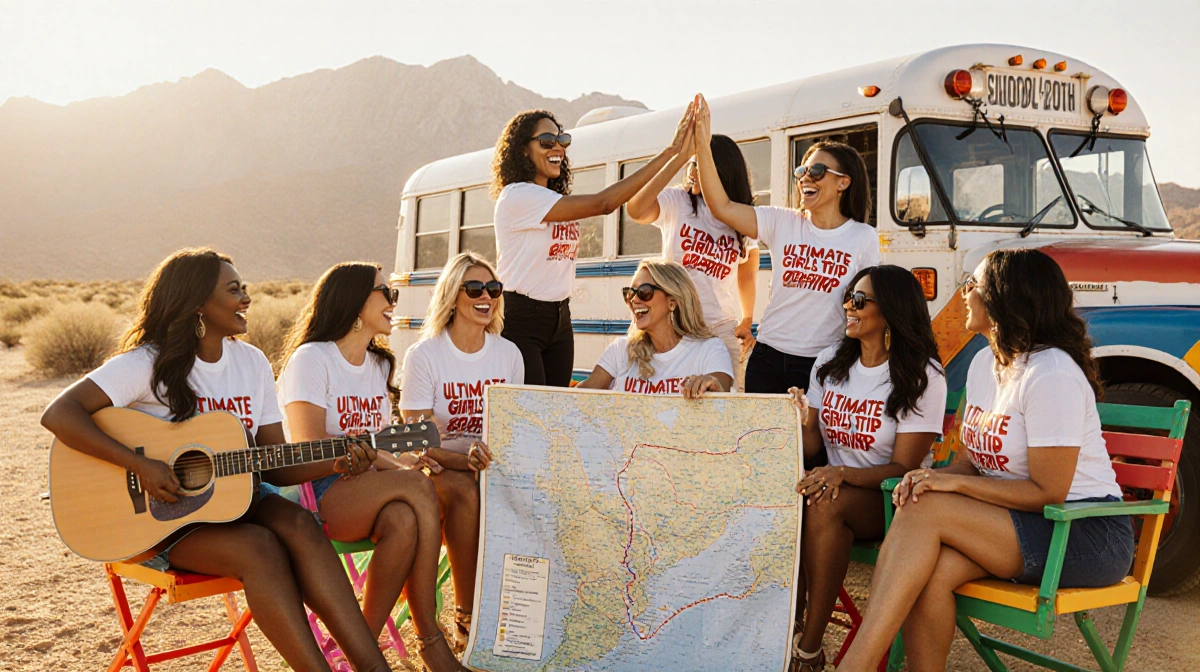 Seven housewives in matching t-shirts laugh and high-five around a retro school bus with mountains behind them