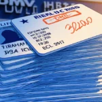 Stack of Real ID cards with scribbled dates and error stamps piles haphazardly with blurred DMV background and warm lighting.