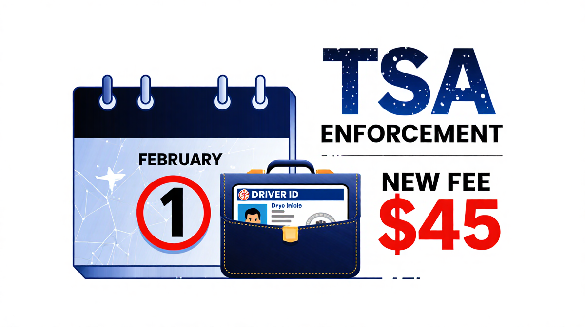 Briefcase holding a Real ID with calendar showing February 1 2026 and bold text TSA Enforcement New Fee $45