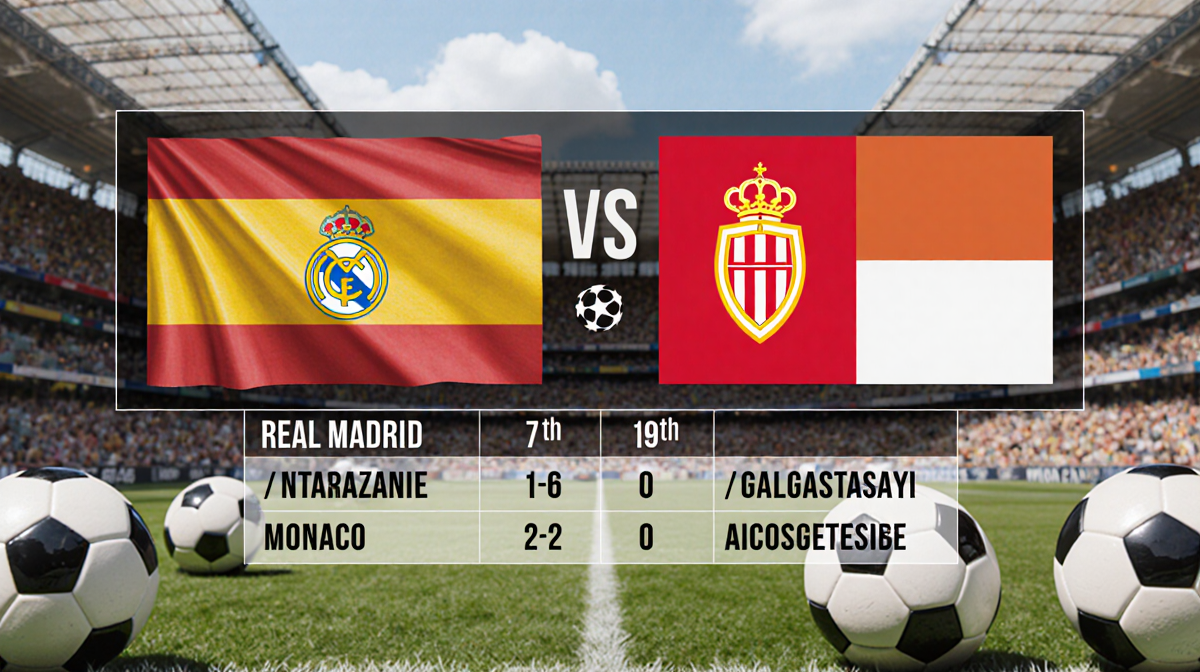Split-screen shows Real Madrid and Monaco flags with Champions standings tables and recent results in blurred stadium backdro