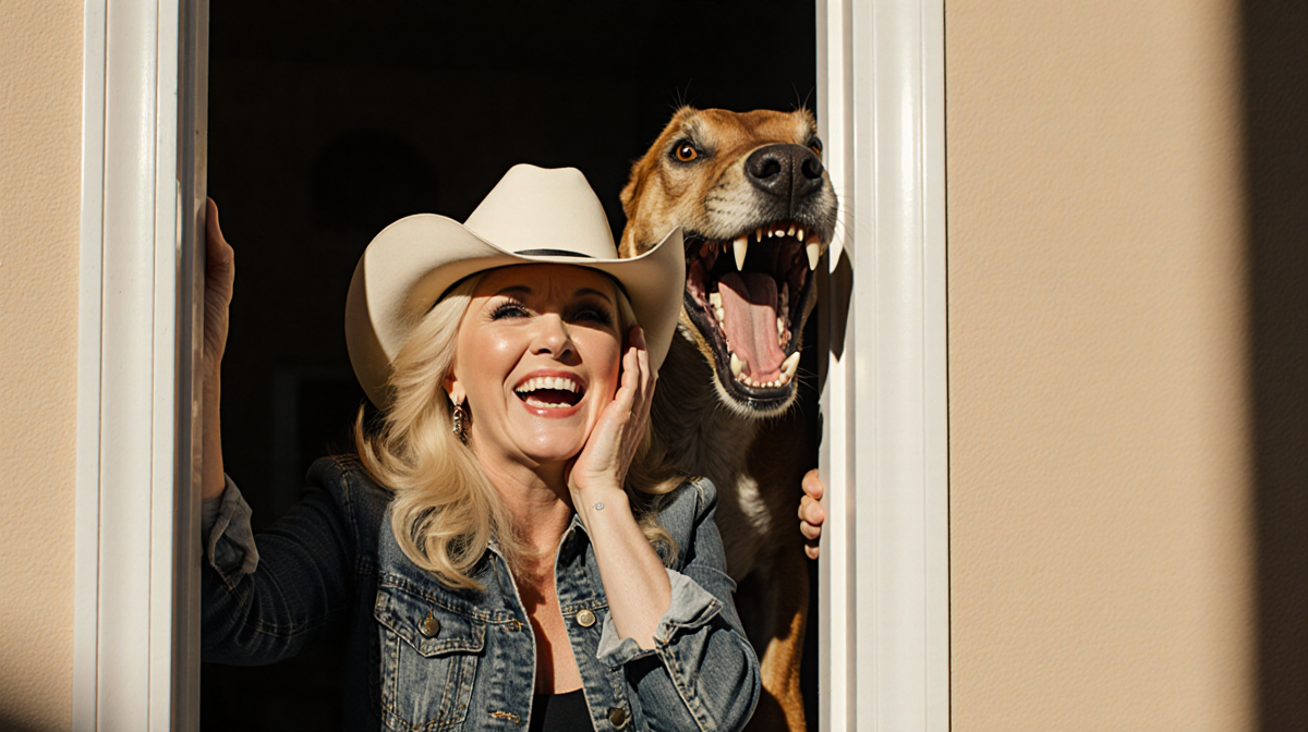 Reba McEntire laughs with her arms up as a dog named Rex emerges from a slightly ajar doorframe startling her in a warm shot
