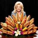 Reba McEntire smiles at Grand Ole Opry with corn dog bouquet arranged like flowers on table