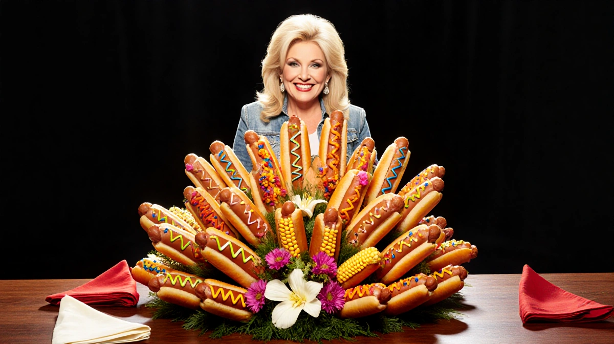 Reba McEntire smiles at Grand Ole Opry with corn dog bouquet arranged like flowers on table
