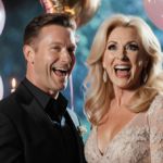 Reba McEntire laughs with surprised expression as fiancé Rex Linn pulls playful prank amid pink gold room with balloons