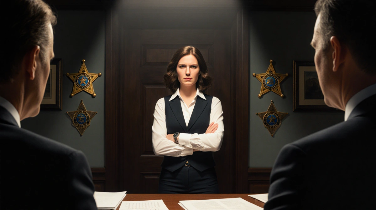 Rebecca stands defiantly with arms crossed before courthouse with sheriff badges and legal documents surrounding her