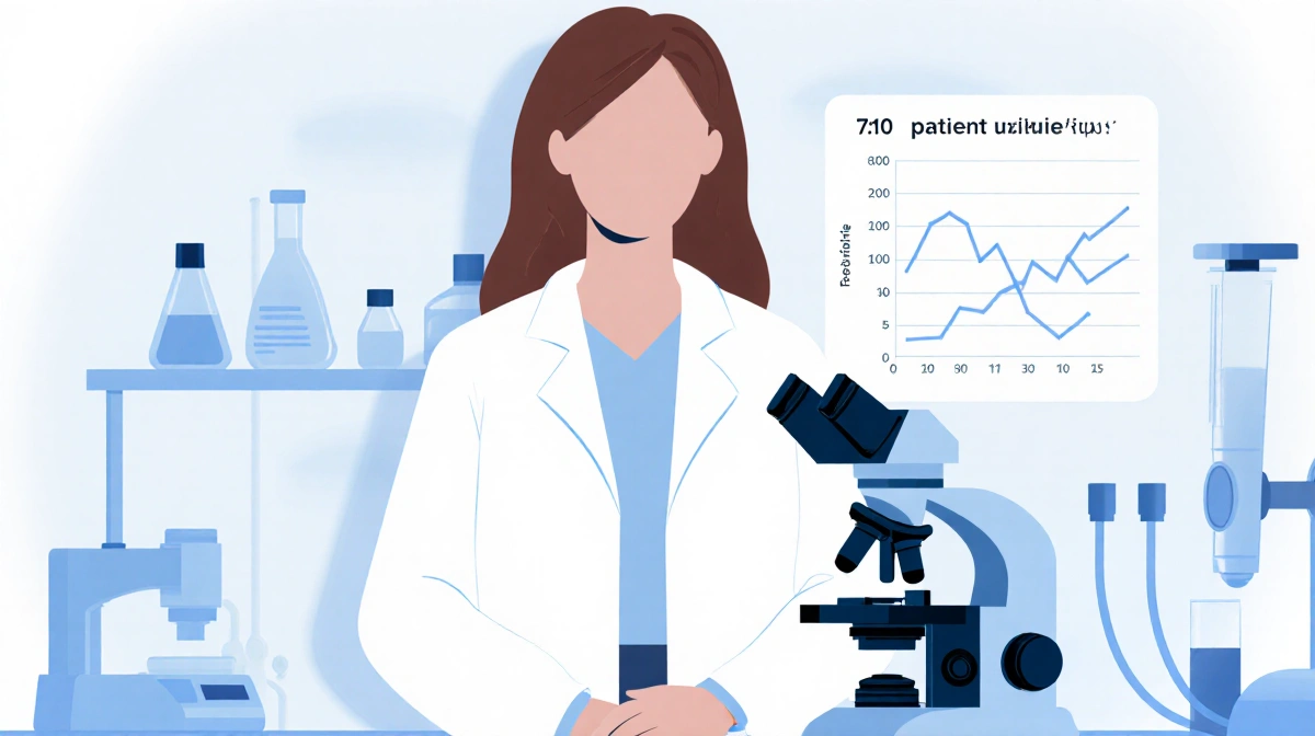 Rebecca Siegel working at laboratory bench with microscope and survival chart showing 7:10 patient ratio