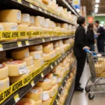 Recalled cheese wheels wrapped with yellow warning tape on grocery shelf with concerned shoppers and FDA logo