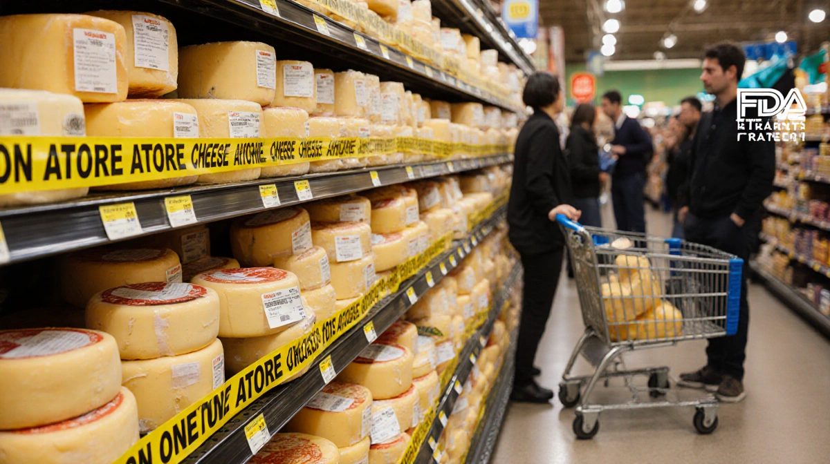 Recalled cheese wheels wrapped with yellow warning tape on grocery shelf with concerned shoppers and FDA logo
