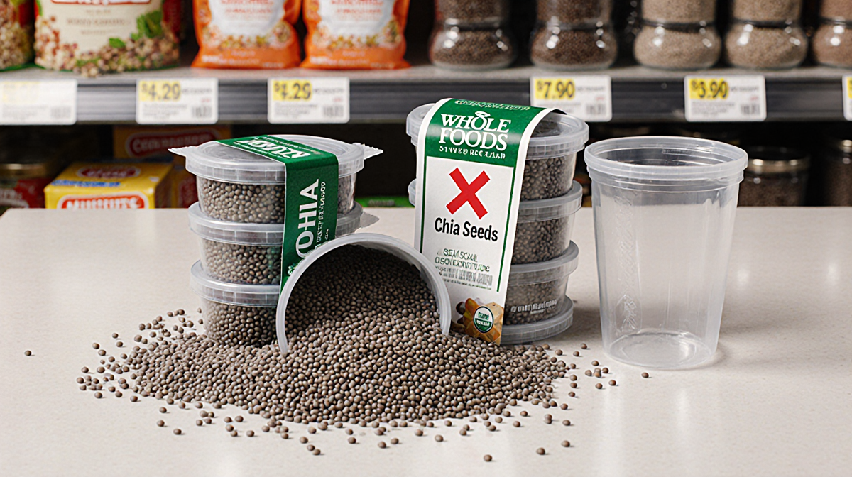 Chia seeds scattered on kitchen counter with open packages showing a red X warning and Whole Foods shelf in background