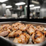 Food tray displays recalled grilled chicken with partially torn pieces and industrial lighting in a blurred kitchen backdrop