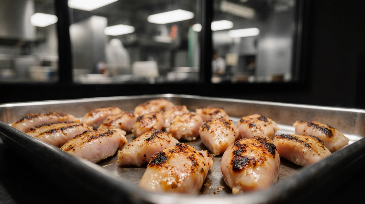 Food tray displays recalled grilled chicken with partially torn pieces and industrial lighting in a blurred kitchen backdrop