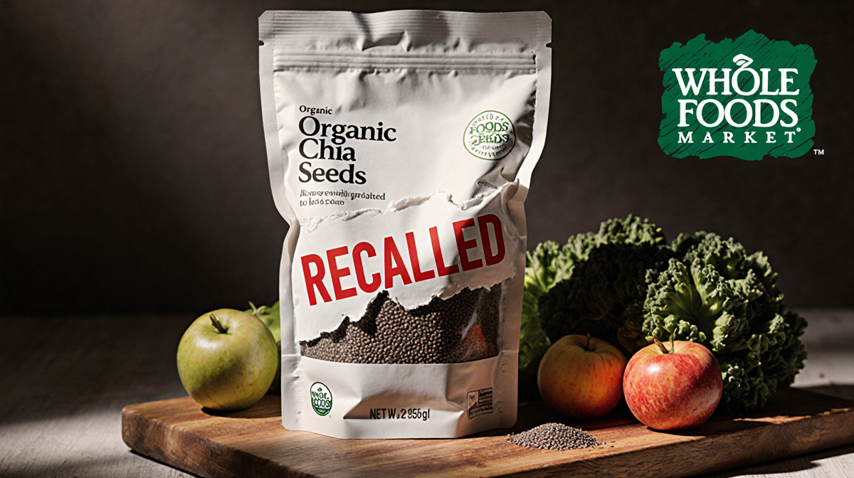 Bag of organic chia seeds exposes recalled label with red text on a rustic wooden board surrounded by fruits and vegetables.