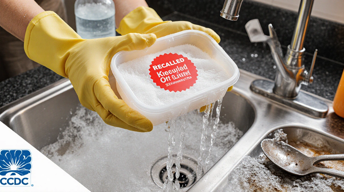 Person holding recalled food container with red sticker while wearing gloves and washing items with hot soapy water near sink