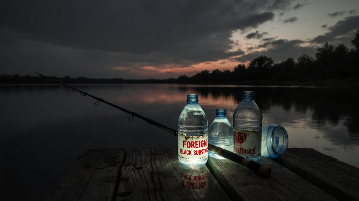 Recalled water bottles lie scattered on a worn dock with torn labels showing FOREIGN BLACK SUBSTANCE text and eerie glow from