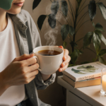 Person enjoying warm tea with hands cradling cup near lush greenery and a subtle aromatherapy diffuser for recharge