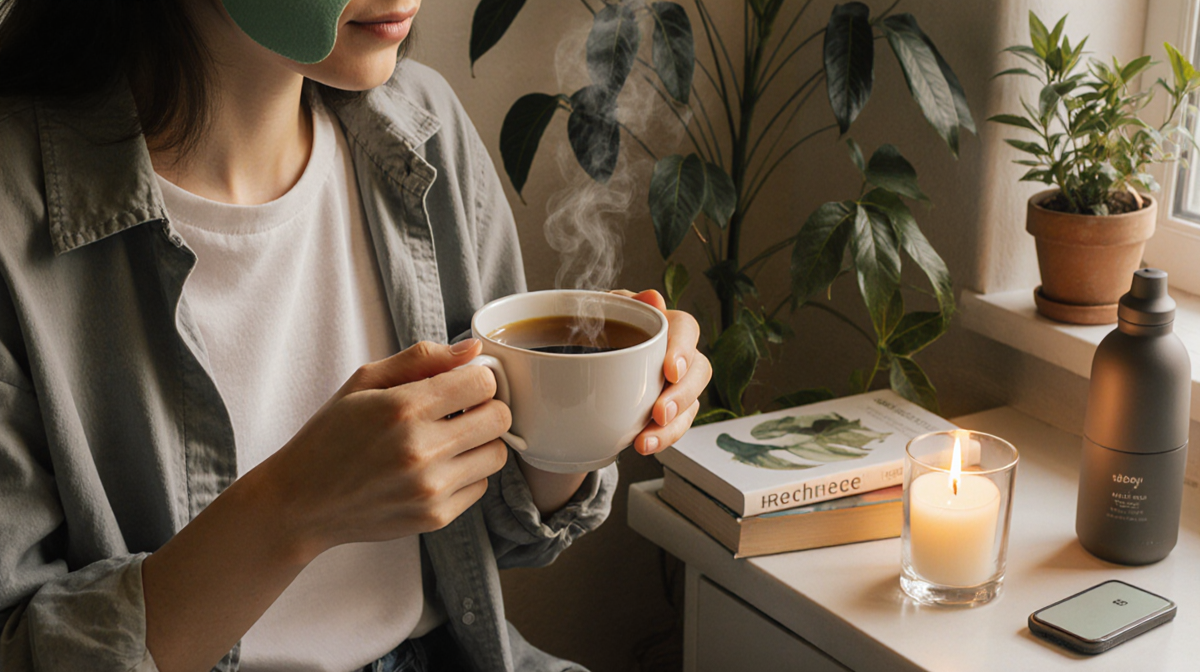 Person enjoying warm tea with hands cradling cup near lush greenery and a subtle aromatherapy diffuser for recharge