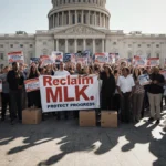Diverse crowd holds Reclaim MLK signs at rally with speakers and banner in front of government building