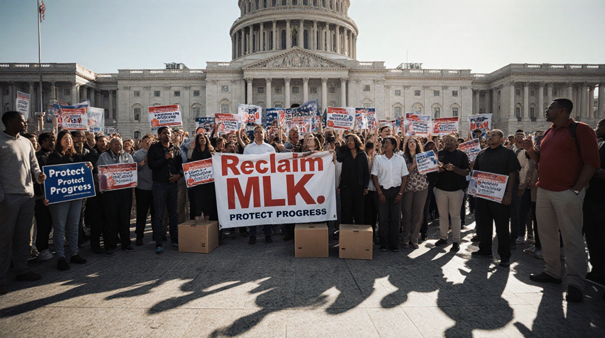 Diverse crowd holds Reclaim MLK signs at rally with speakers and banner in front of government building