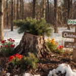 Recycled Christmas tree stump stands with greenery and flowers near a wooden sign with hand‑painted message in soft sunlight.