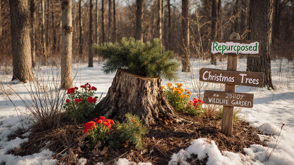 Recycled Christmas tree stump stands with greenery and flowers near a wooden sign with hand‑painted message in soft sunlight.