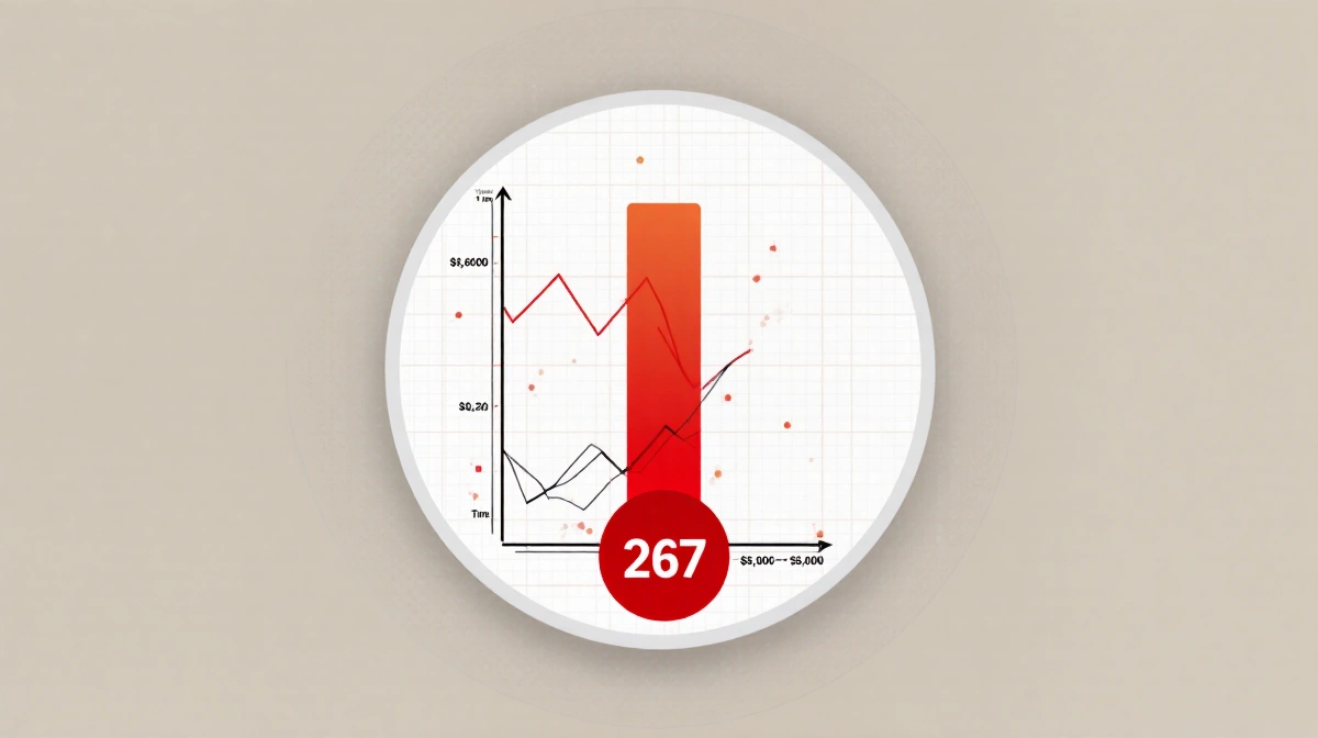 Red bar chart showing target window of 38000-50000 dollars with 267 marker and circular frame