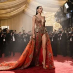 Celebrity poses on red carpet wearing intricate gown with blurred cityscape and golden lighting