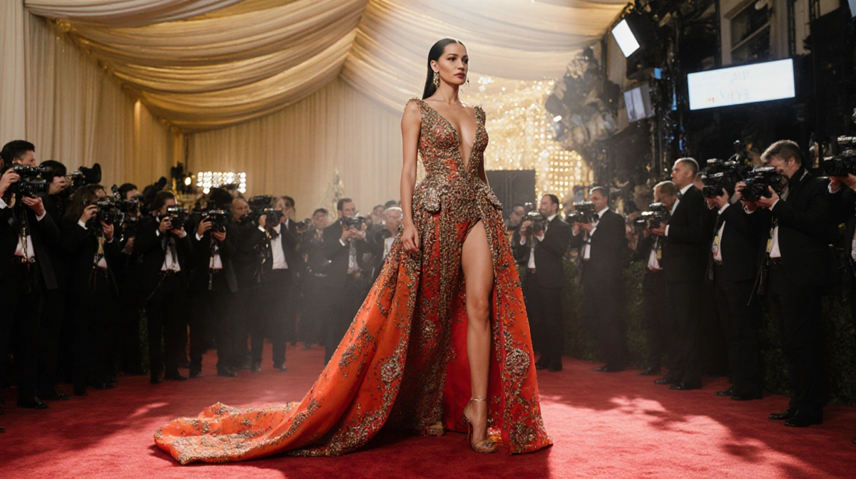 Celebrity poses on red carpet wearing intricate gown with blurred cityscape and golden lighting