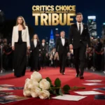 Hollywood stars walking toward camera with white rose bouquet on red carpet and Critics Choice Tribute text blurred skyline.