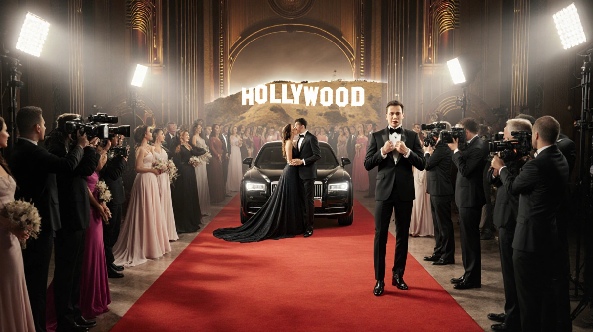 Couple kissing on red carpet with Hollywood sign glowing behind and photographers flashing nearby