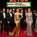 Celebrities walk red carpet with gold gowns and silver suits under bright marquee lights
