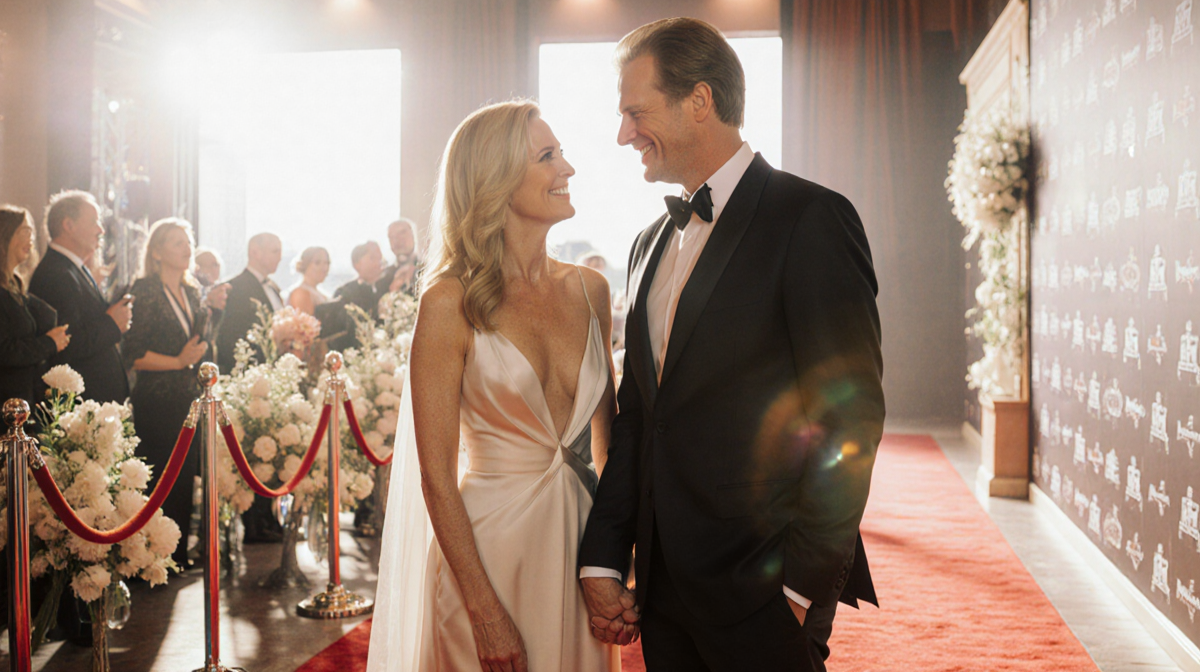 Helen Hunt and Jeffrey Nordling hold hands on a red carpet with warm lighting and subtle floral accents