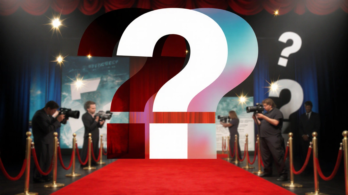 Two overlapping stylized question marks glow over red carpet with paparazzi flashbulbs hinting at TV season mystery