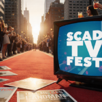 TV screen displaying SCAD TVfest logo with red carpet and cheering attendees holding drinks.