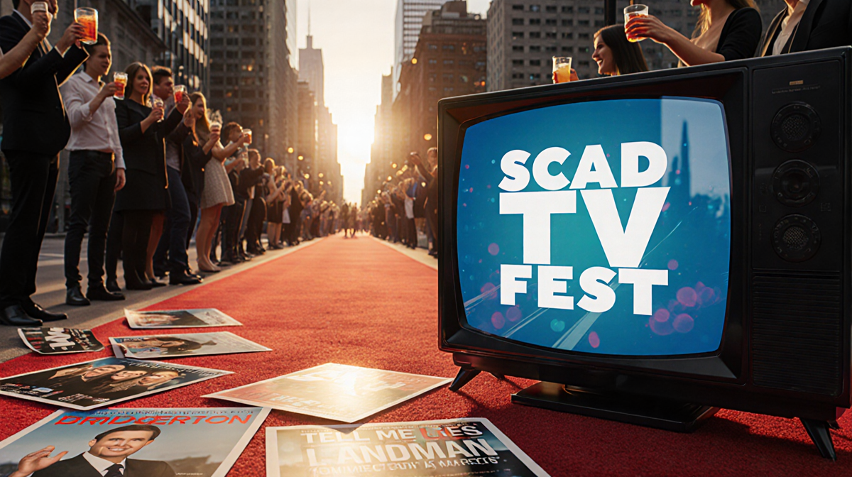 TV screen displaying SCAD TVfest logo with red carpet and cheering attendees holding drinks.