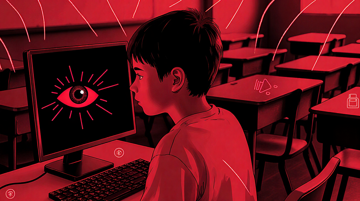 Child sitting in front of computer with red screen showing unblinking eye and desks in background depicting digital addiction