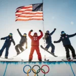 Red Gerard celebrating on snowboarding ramp with teammates mid-air and US Olympic flag waving