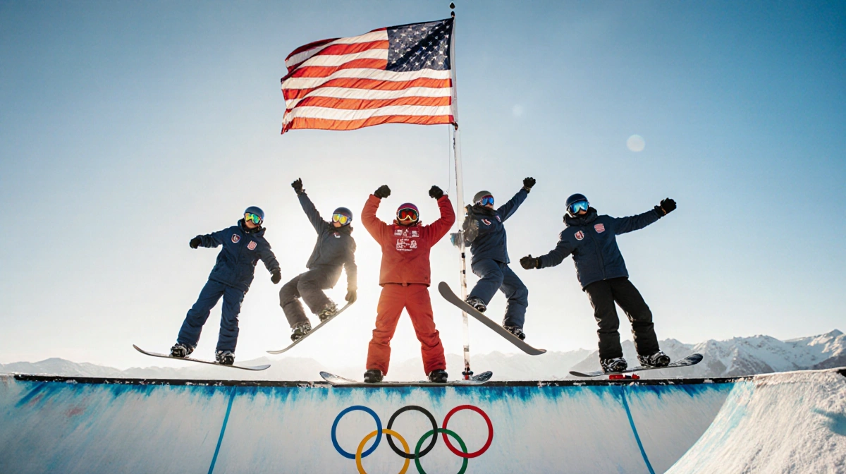Red Gerard celebrating on snowboarding ramp with teammates mid-air and US Olympic flag waving