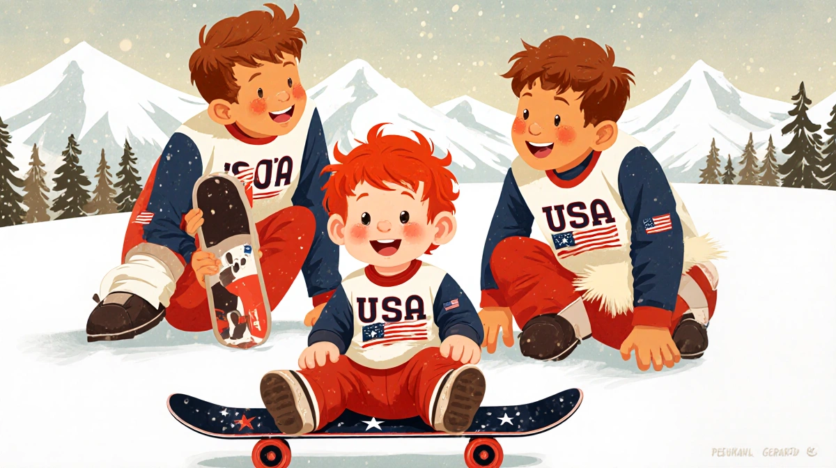 Toddler Red Gerard sits on mini snowboard with brothers wearing Team USA gear and snowy mountains behind