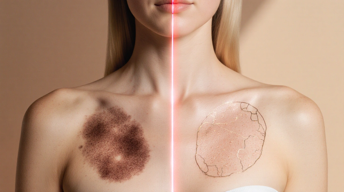 Woman wearing red light therapy mask with before and after split showing reduced chest pigmentation and clearer skin tone