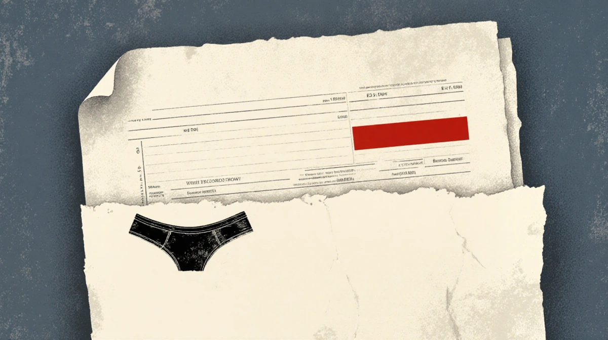 Aged document showing redacted text with worn underwear visible through torn paper edge