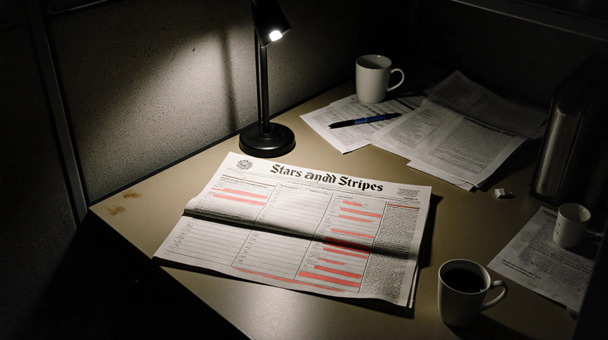 Military form sits on desk with redacted section and Stars and Stripes newspaper under desk lamp