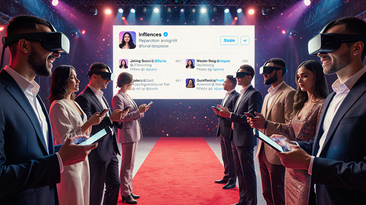 Celebrities cheering at red carpet with LED screen showing social media and wearing augmented reality glasses