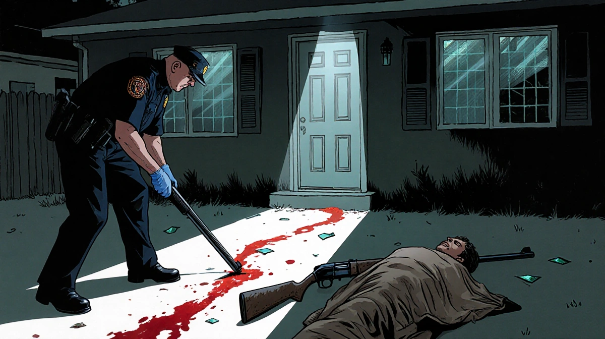 Redlands police officer examines blood trail with forensic light and Carrion under blanket with shotgun nearby