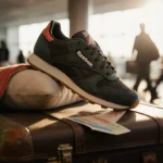 Worn Reebok sneaker rests on cushion with vintage suitcase and travel scarf showing adventure and comfort