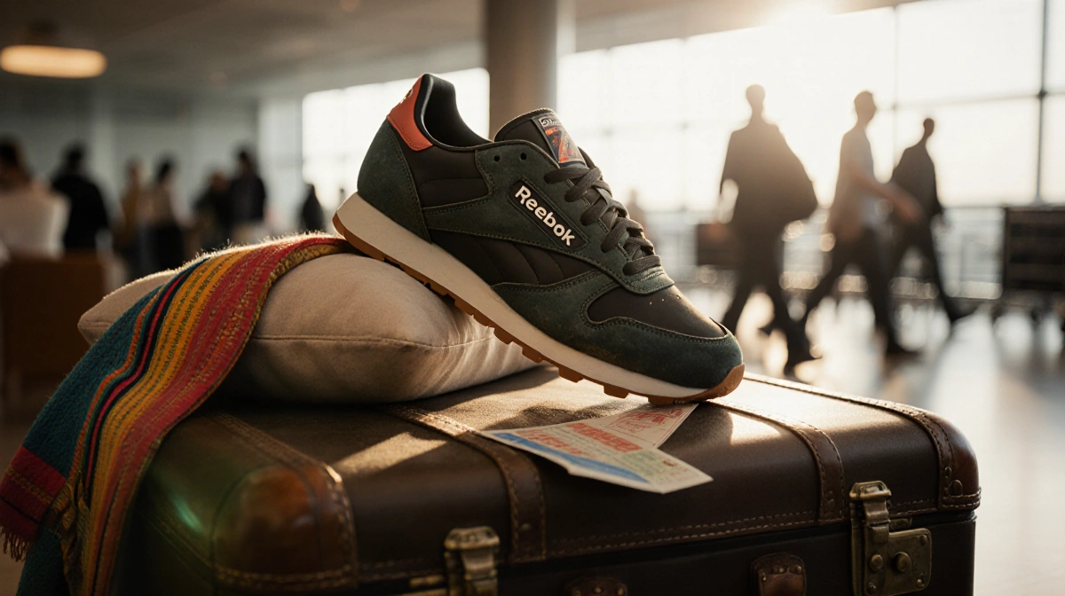 Worn Reebok sneaker rests on cushion with vintage suitcase and travel scarf showing adventure and comfort