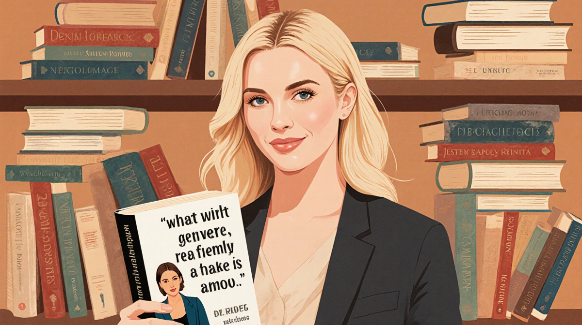 Woman holding book stands before bookshelf filled with female-led novels with warm cozy reading atmosphere