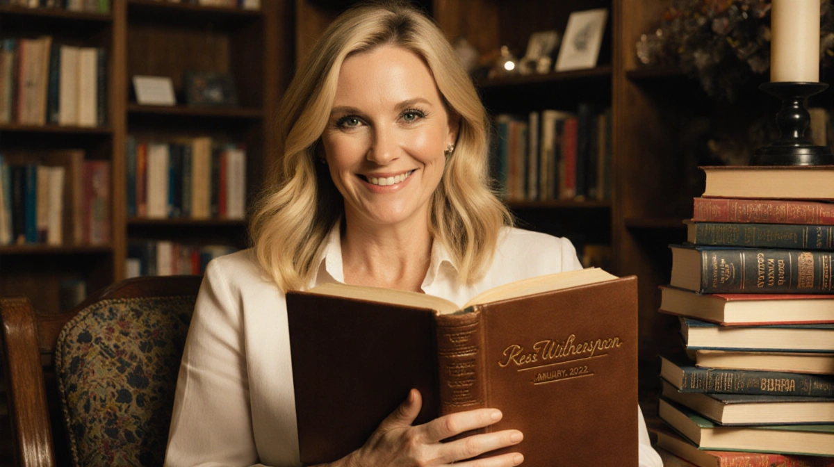 Reese Witherspoon reading leather book with her name embossed and bookshelves behind her