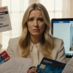 Reese Witherspoon sits at computer showing fake social media profile with identity documents and scam headlines behind