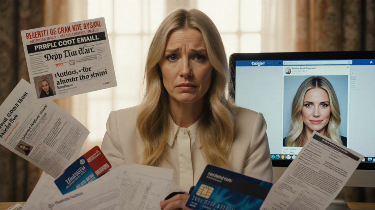 Reese Witherspoon sits at computer showing fake social media profile with identity documents and scam headlines behind