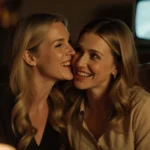 Reese Witherspoon whispers to Jennifer Garner with mischievous grin and candlelit glow behind them
